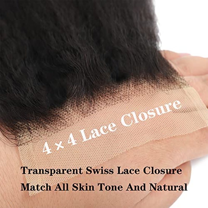 Kinky Straight Human Hair Bundles With 4x4 Lace Closure Free Part 14 14 14+12 Inch Natural Black 100% Unprocessed Brazilian Virgin Yaki Straight Hair Extensions (14 14 14+12Closure)