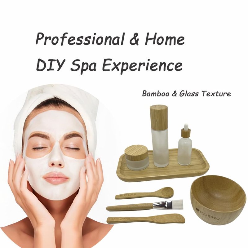 BEECO GIF2U Face Mask Mixing Bowl Set Bamboo,8 Pcs Diy Facemask Mixing Tool Kit With Facial Mask Bowl,Spatula,Spoon,Brush,Empty Refilable Lotion Pump Bottle,Cream Jar and Dropper Bottle and Tray