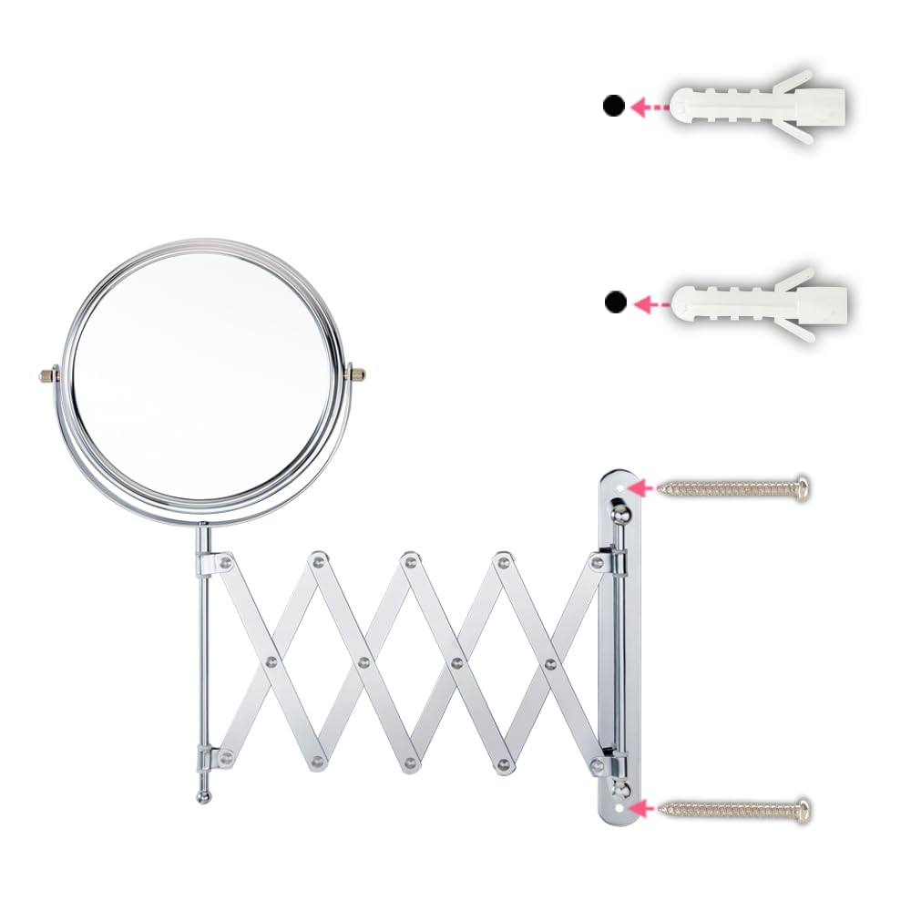 Welllink 8Inch Max Extendable Mirror for Bathroom, Space-Saving Screw Mount, 10X/1X Magnifying Mirror, HD Glass No Distortion Chrome, for Home Cloakroom Gift