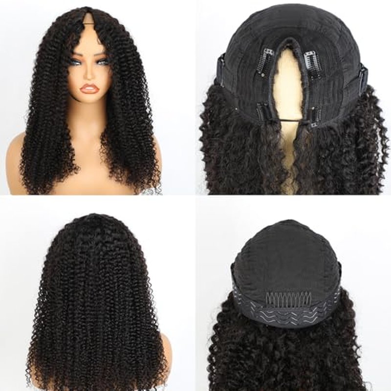 Domiso V Part Wig Human Hair Glueless Upgrade U Part Human Hair Wig 180% Density Kinky Curly Wigs for Women No Leave Out No Glue Beginner Friendly 9A Brazilian Virgin Hair Natural Color 20 Inch
