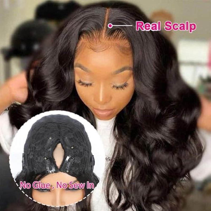 V Part Wig Human Hair Body Wave Upgrade U Part Human Hair Wig With Clips Glueless Wigs Human Hair Beginner Friendly 28 Inch V Shape Clip In Half Wigs for Women No Leave Out 180% Density