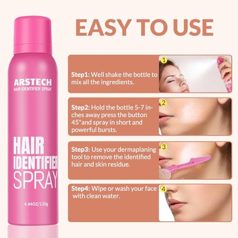 Hair Identifier Spray for Face Shaving Dermaplaning Tool Skin Body Dermaplaning Spray for Women with 4 Face Razor for Face Shaver Hair Removal Kit Excess Hair Dermaplane Razor for Women Face