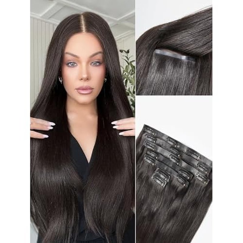 LUVME Straight Seamless 16inch 110g 7Pcs Clip in Hair Extensions Full Max Remy Human Hair Extensions, Natural Black 100% Real Soft Human Hair Extensions