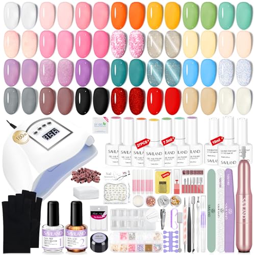 Saviland Gel Nail Polish Kit with U V Light: 27+3 Colors Nail Gel Polish Soak-Off U V Gel 180W Nail Lamp Base & Top Gel Electric Nail Drill Basic Nail Art Tools Manicure Kit for Nail Salon Home DIY