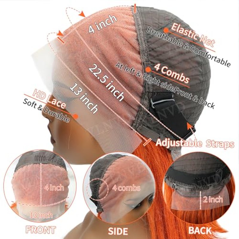 Ginger Orang Bob Lace Front Wigs Human Hair 13x4 HD Lace Frontal 200% Density Orange Ginger Wig Human Hair Short Bob Wigs for Women #350 14 Inch