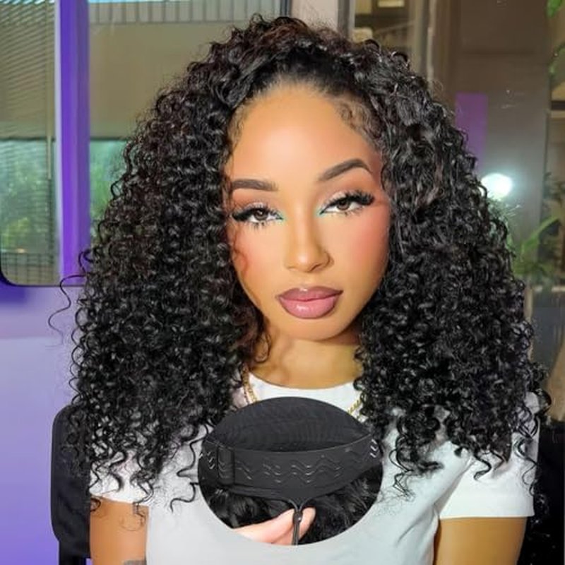 Curly Half Wig Human Hair Deep Wave, All Hairstyles In One Curly Half Wigs, Flip Over With Adjustable String Invisilbe Hairline Beginner Friendly Headband Wig for Black Women 200% Density 16 Inch