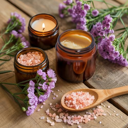 4 oz Amber Glass Jars with Lids - 32 Pack Brown Cosmetic Containers with Stickers & 4 Spoons, Wide-Round Smooth Mouth, Sealable for Creams, Essential Oils, Body Butter, Travel Samples