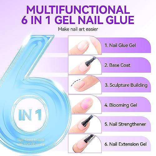 Gelike EC Gel Nail Glue for Press On Nails: 6 in 1 Strong UV Nail Glue for Nail Tips and Acrylic Fake Nail - Long Lasting 28 Days Quick Dry - Beginner Friendly DIY for Home Salon