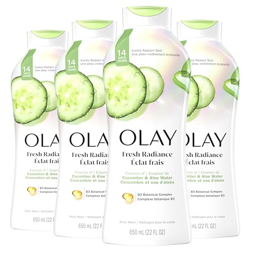 Olay Body Wash for Women, Fresh Radiance, Refreshing & Renewing, Made with Plant Based Cleansers, B3 Botanical Complex, For All Skin Types, Cucumber & Aloe Water Scent, 22 fl oz (Pack of 4)