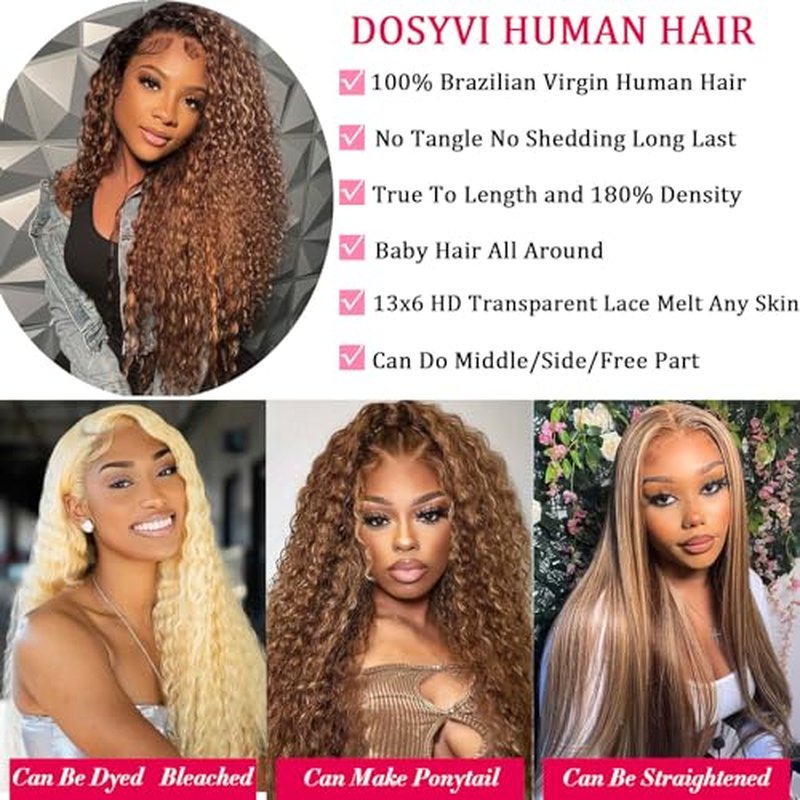 Ombre Lace Front Wig Human Hair 180% Density 4/27 Honey Blonde 13x6 Deep Wave Lace Front Wigs Wet and Wavy Curly Glueless Wigs Human Hair Pre Plucked with Baby Hair(Highlight, 24 Inch)