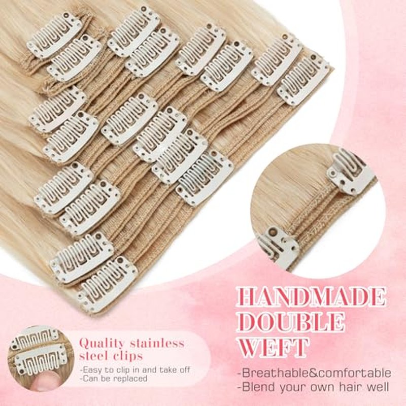 S-noilite Clip in Hair Extensions Real Human Hair 16 Inch Natural Blonde Hair Extensions Remy Human Hair Clip In For Women Natural Straight Clip on Extension Double Weft 8PCS 130g #24