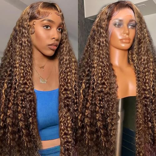 20 Inch Ombre Highlight Deep Wave Lace Front Wig Human Hair 13x6 HD Honey Blonde Lace Frontal Wigs 200 Density 4/27 Glueless Curly Wigs Human Hair For Women