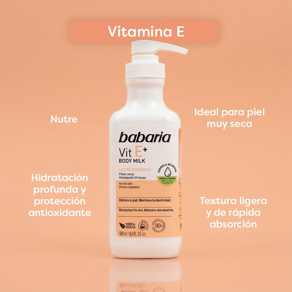 Babaria Vitamin E Body Milk - Moisturizing Body Lotion for Women and Men - Dry Skin Body Cream - Boosts Collagen Production - Light Texture - 2 pc