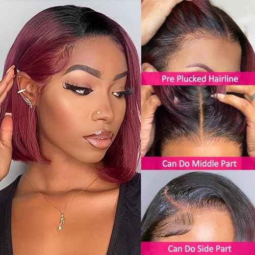 Ombre 99J Burgundy Lace Front Bob Wig Human Hair 13x4 HD Lace Frontal Wigs Short Straight Bob Wigs for Black Women Human Hair Pre Plucked Natural Hairline 1B/99J 8 Inch