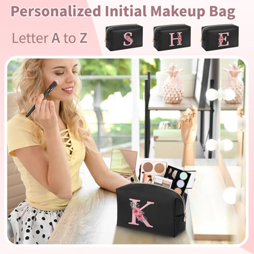 Personalized Initial Makeup Bag, Birthday Gifts for Women and Girls, Small Makeup Pouch Travel Toiletry Bag, Make Up Organizer Bag Gift Trendy Stuff for Friend Mom Teacher, Black