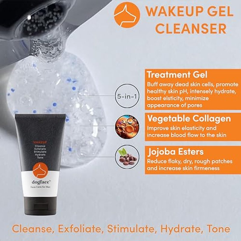 Dogface Men's - Wakeup Gel Daily Face Wash to Exfoliate, Hydrate & Tone Skin, Day Boom Moisturizer, Night Boost Night Cream Retinol Serum, Eye Cream (Complete Combo)