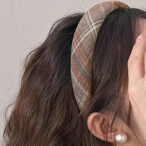 Handmade Tartan Headbands Christmas Plaid Headband for Women French Hairbands Brown Hairband Christmas Headwear for Styling Comfortable Padded Hair Hoops Grid Headbands Checked Hair Accessories 1Pcs