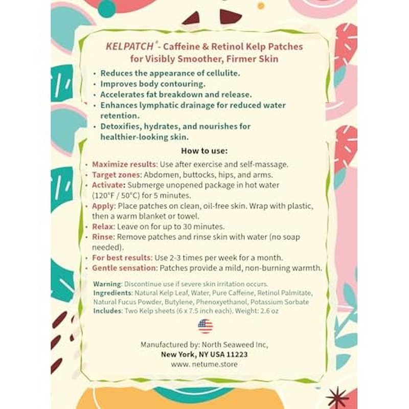 Cellulite Reduction Anti-Aging Natural Seaweed Patches Fortified With Caffeine And Retinol, Combat Sagging, Body Fat Deposits, Made in USA