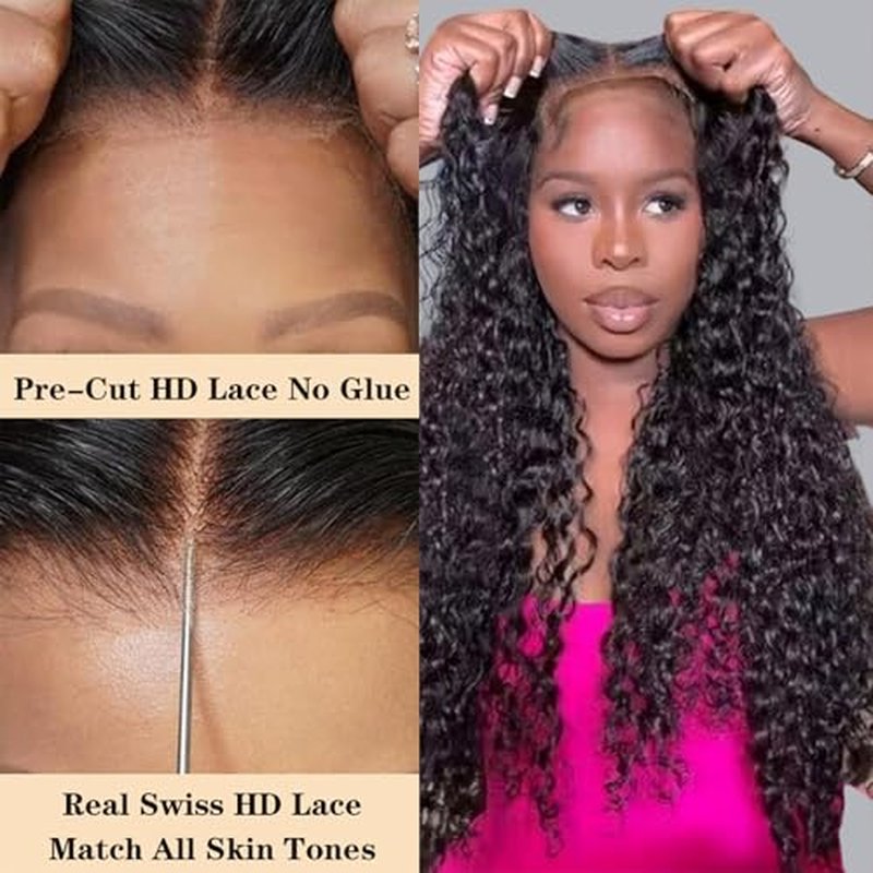 Wear and Go Glueless Wigs Human Hair Pre Plucked Pre Cut 5x5 HD Closure Wigs Human Hair Deep Wave Lace Front Wigs for Black Women 210% Dentisy 12A Deep Curly Glueless Wig Bleached Knots (22 Inch)