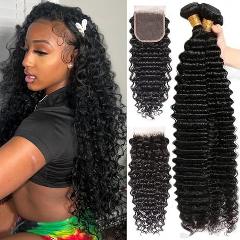 Deep Wave Human Hair Bundles with Closure 12A Grade Brazilian Unprocessed Virgin Human Hair 3 Bundles With 4X4 Lace Closure Free Part 16 18 20+14 Inch Double Weft Water Wave
