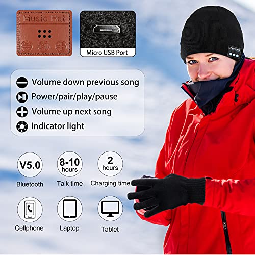 Honoson 4 Pieces Beanie Hat for Men Compatible with Bluetooth Winter Wireless Music LED Light Hat with Gloves for Men Women Sports Gifts (Black, Grey)