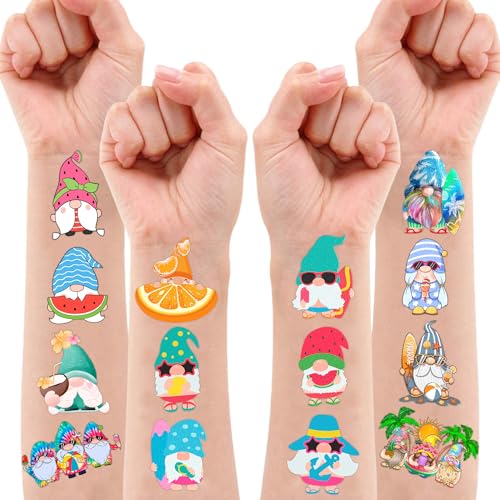 10 Sheets 100PCS Summer Gnomes Temporary Beach Gnomes Decorations Supplies Favors Theme Birthday Cute Christmas Gifts for Boys Girls Kids Class School Prizes Carnival