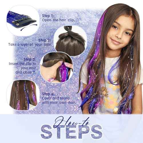 Fairy Hair Tinsel Kit for Girls, Color Tinsel Hair Extensions for kids, Blue and Purple Glitter Hairpiece Clip in, Halloween Hair Accessories, 16 Pieces