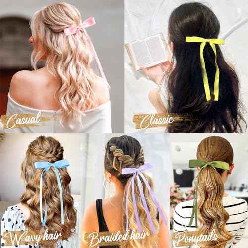 14 Pcs Hair Bows for Women, Bow Hair Clips with Long Tail, Coquette Bows Hair Ribbons, Big Hair Bow Hair Accessories for Women (Vibrant)