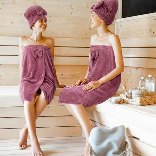 Xtinmee 2 Sets Womens Wrap Towel with Hair Towel Bath Towel Wrap Shower Dress Towel Spa Wraps for Women's Bathrobe (Purple, Normal Size)