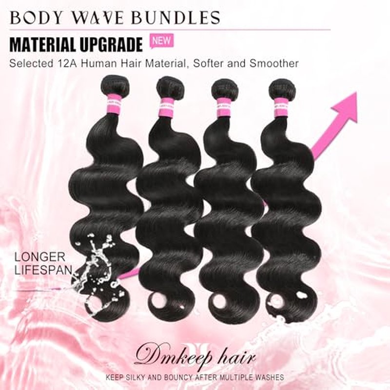 DMKEEP 12A Human Hair Bundles 16 18 20 22 Inch Body Wave Bundles Human Hair 100% Unprocessed Brazilian Raw Virgin Hair 4 Pcs Quick Weave Human Hair Extensions Natural Color