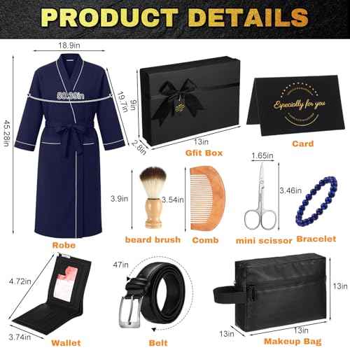 10 Pcs Birthday Gifts Baskets for Men Get Well Soon Gifts Beard Care Set for Him with Bathrobe, Wallet, Makeup Bag, Belt, Bracelet, Beard Comb & Brush Set for Dad Boyfriend Husband(Blue)