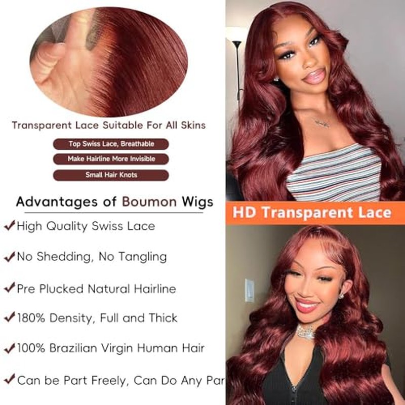 Reddish Brown Lace Front Wigs Human Hair 13x4 HD Body Wave Lace Front Wig Pre Plucked 180 Density Lace Frontal Wigs 33# Color Brown Auburn Human Hair Wig for Women 20 Inch