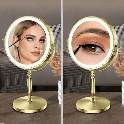 Matekxy 8" Lighted Makeup Mirror with Magnification - 1X/10X Magnifying Desk Mirror with Rechargeable LED Lights, 3 Colors Dimmable Tabletop Mirror, Brass Gold