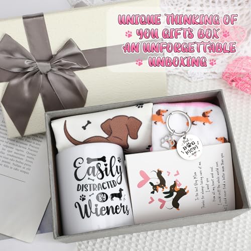 6 Pcs Dachshund Gift Set for Women Weiner Dog Makeup Bag Novelty Crew Socks 11oz Coffee Mug Dachshund Lover Basket Gift Set for Mom Daughter Christmas Birthday New Puppy Owners