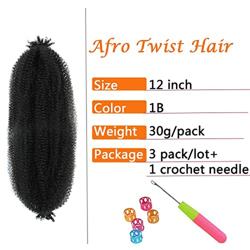 Springy Afro Twist Hair 12 Inch 3 Packs Kinky Twist Hair Black Color Pre Fluffed Marley Twist Braiding Hair for Black Women (12 inch, 1B)