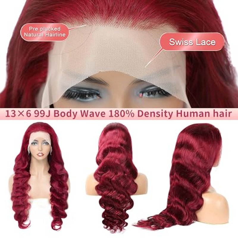 Burgundy Lace Front Wigs Human Hair 24 Inch 99j 13x6 Body Wave Wigs Human Hair 180% Density Preplucked Full and Thick,100% Real Human Hair No Synthetic Blend No Tangle No Shedding Triple Lifespan 3X
