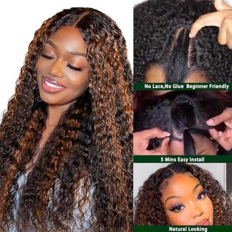 Lucasar FB30 Deep Wave U Part Human Hair Wigs for Black Women 180% Density Glueless U Shape Half Wig 180% Density Wig No Leave Out Lace Glueless Deep Curly Upgrade U Part Wigs (24 inch, FB30)