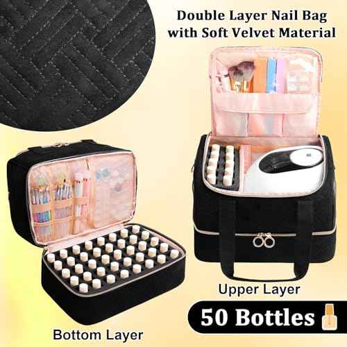 Nail Polish Organizer Bag Holds 50 Bottles (15ml/0.5fl.oz)& Nail Lamp, Soft Velvet Nail Kit Storage Carrying Case with Shoulder Strap, Double Layer Nail Supplies Organizer Handbag Women Black