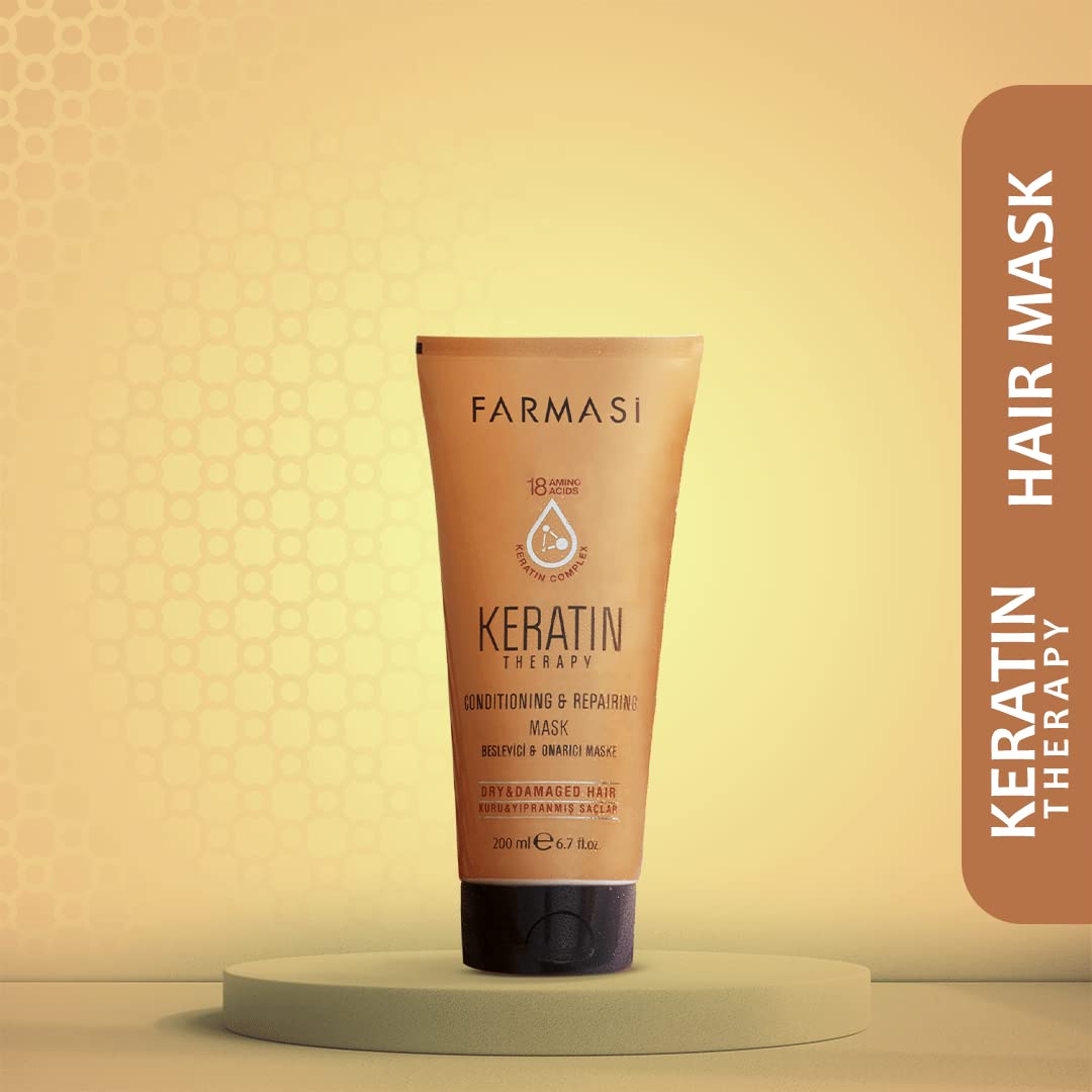 FARMASi Keratin Therapy Shampoo 12.2 fl oz & Hair Mask Set 6.7 fl oz: Repairing Cleanse & Deep Conditioning System for Dry Damaged Hair, Smoothness & Shine