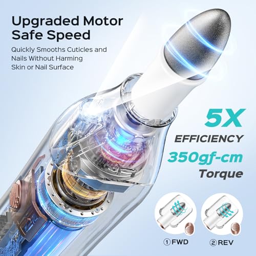 COSLUS Professional Manicure Pedicure Kit, 5-in-1 Electric Nail File for Toenail Hand Feet Care - Wider Grinder for Thick Nails, Cordless, 5 Speed, for Men Women Seniors Home Salon, White, C43(END10)