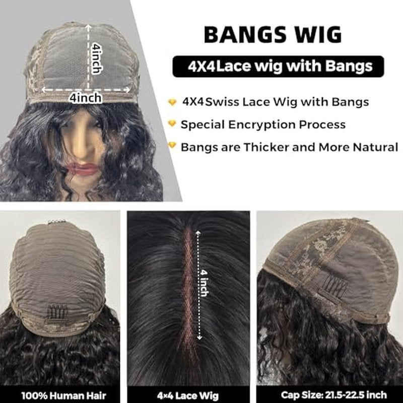 Curly Wig with Bangs Human Hair for Black Women 4x4 HD Lace Closure Wigs Human Hair long Black Wig with Bangs Glueless Wigs Human Hair 22inch