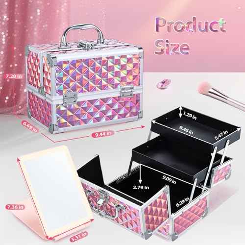 Makeup Case with Lighted Mirror Travel Makeup Organizer Box 2 Trays Lockable Cosmetic Train Case with Movable LED Mirror for Girls Make Up Nail Kits Sewing Vanity Storage Case Shiny Pink