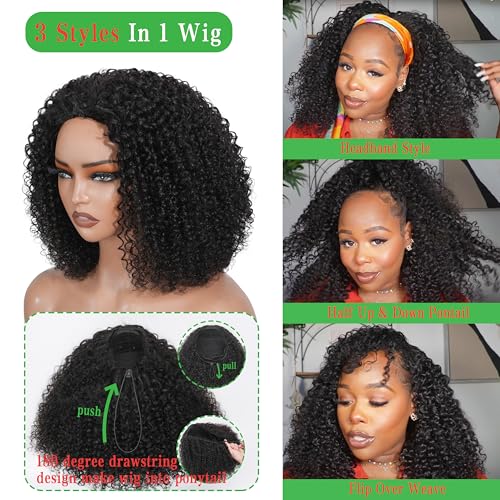 ZIYU Half Wig Human Hair - 200% Density Wear Go Glueless Wigs Human Hair 12 Inch Kinky Curly 3 In 1 Half Wig for Women Drawstring Seamless Flip Over Headband Wig Beginner Friendly
