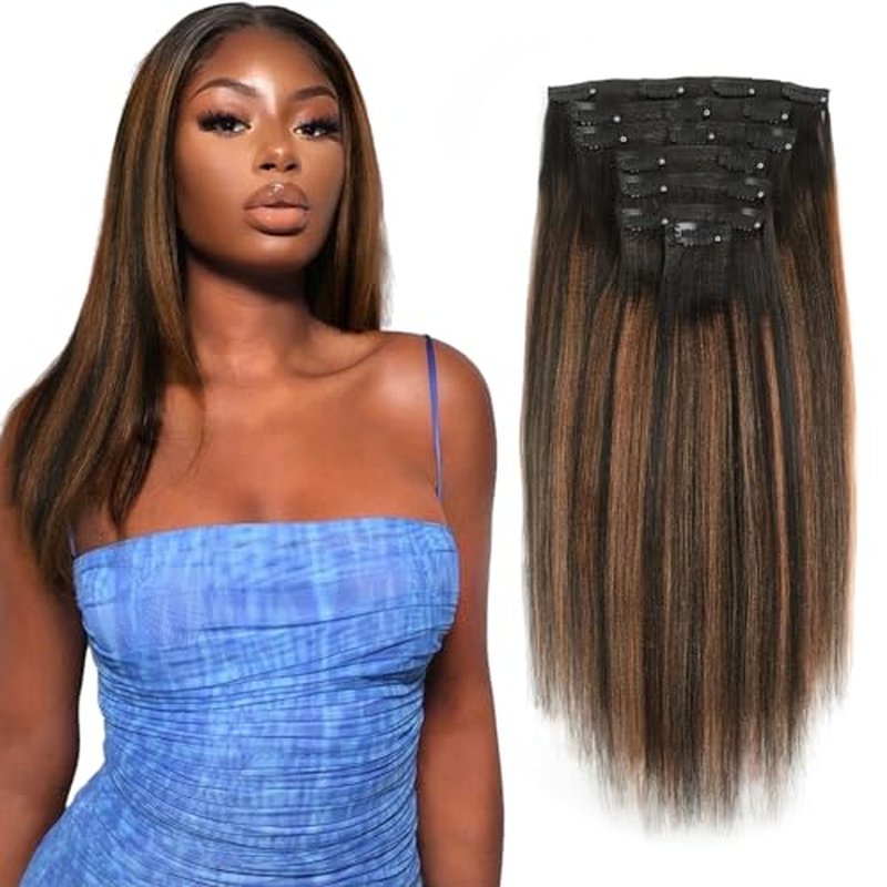 ABH AMAZINGBEAUTY HAIR Yaki Clip in Hair Extensions Human Hair Rooted Black Piano Natural Black #1B With Medium Auburn #30 Two Tone Yaki Straight Clip ins for Black Women 20 Inch Full Head 120G 7Pcs