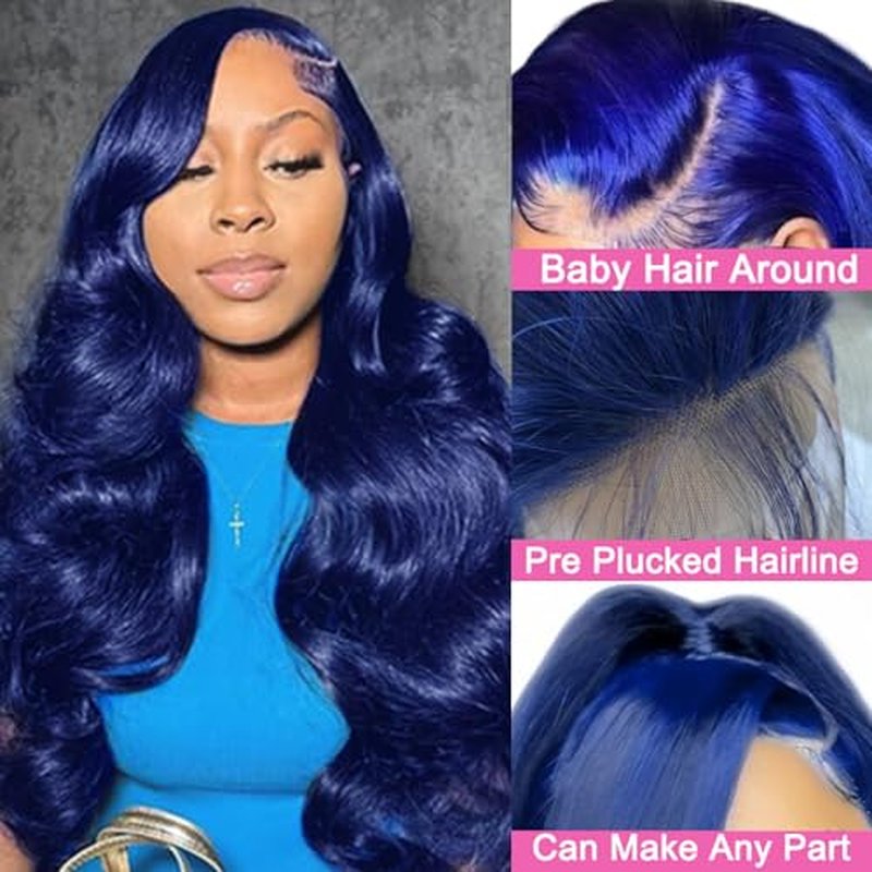 26 Inch Drak Blue 13x4 Body Wave Lace Front Wigs Human Hair 180 Density Glueless HD Transparent Lace Frontal Wigs Human Hair Pre Plucked With Baby Hair Blue Wigs For Women