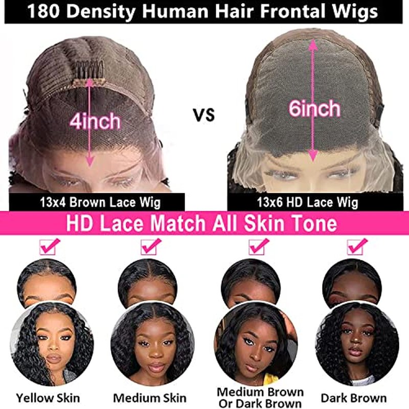 13x6 HD Transparent Lace Front Wigs Human Hair 180 Density Curly Lace Front Wigs Water Wave Wigs for Women Wet and Wavy Human Hair Wig Pre Plucked with Baby hair Natural Color (22 Inch)