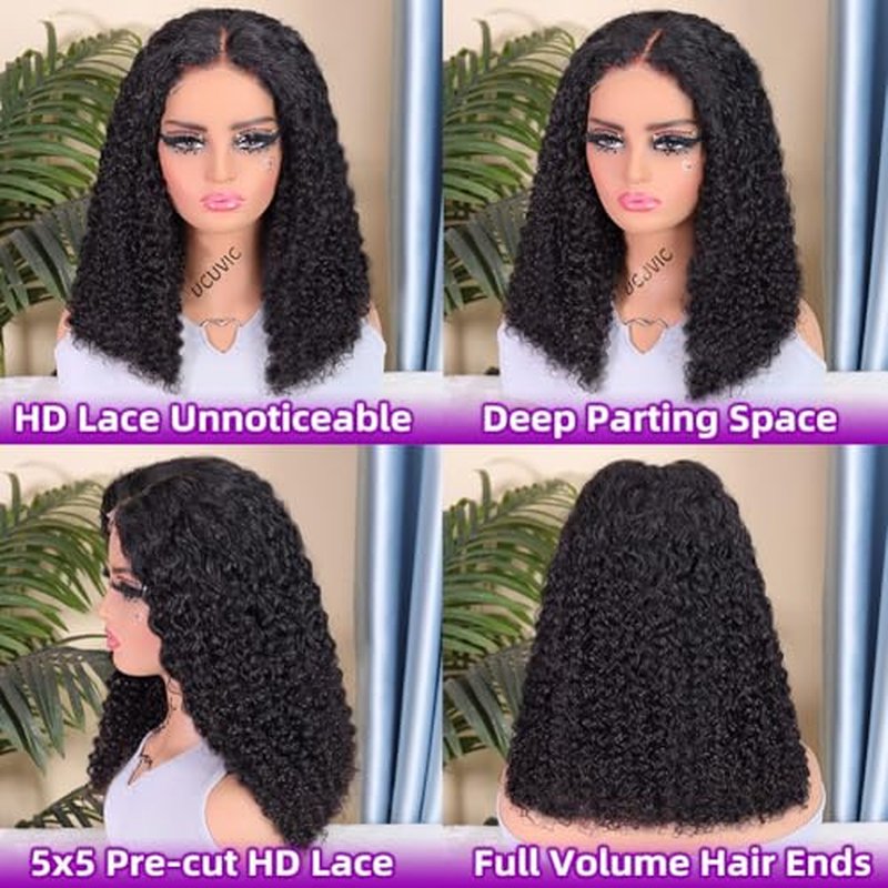 UCUVIC Wear And Go Glueless Wigs Human Hair Pre Plucked Pre Cut Curly 5x5 Jerry Curly Bob Wig Human Hair Lace Front Closure Wigs For Black Women 200 Density Curly Wig Glueless Wear And Go Black 18Inch