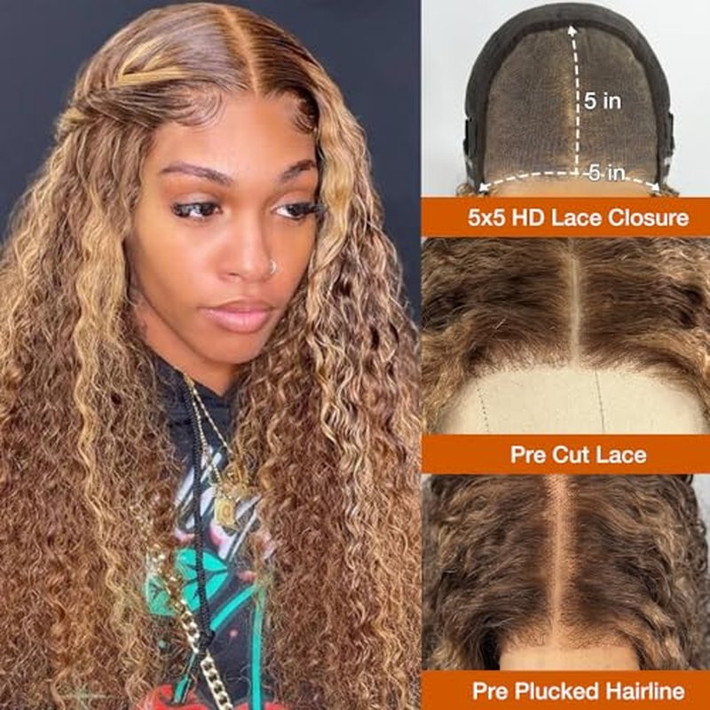 Highlight Glueless Wigs Human Hair Pre Plucked Pre Cut Ombre Honey Blonde Curly Lace Front Wig for Black Women 5x5 HD Lace Closure Wig for Beginners 180 Density