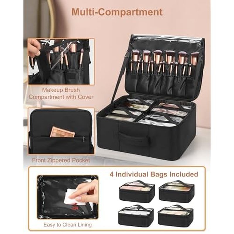 Relavel Makeup Backpack Extra Large Travel Train Case Professional Makeup Artist Kit Set Bag with 4 Clear Bags, Brush Storage Organizer Box with Dividers for Cosmetic Hair Tools Barber Supplies, Black