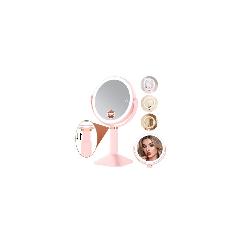 Glowtop Lighted Makeup Mirror with Lights and Magnification 30X/1X, Height Adjustable 30X Magnifying Vanity Mirror with 4000mAh Battery & 3 Colors Dimming Light for Desktop Bathroom Bedroom (Pink)